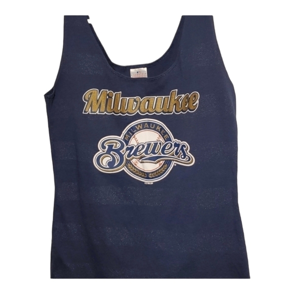 Mlb Milwaukee Brewers Navy Blue Soft Sparkly Striped Baseball Tank Top Size S - Picture 2 of 4